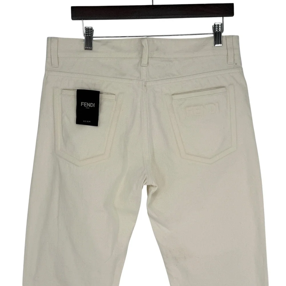 Fendi Roma Mens Size 33x34 Off White Slim Fit Jeans Italy Embossed logo